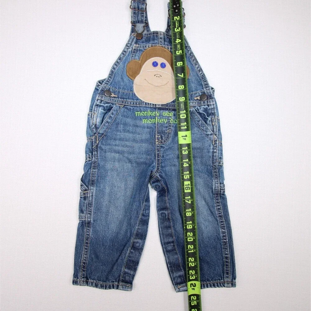 OshKosh B'Gosh Baby Boy Size 12 Months Monkey See Monkey Do Blue Denim Overalls